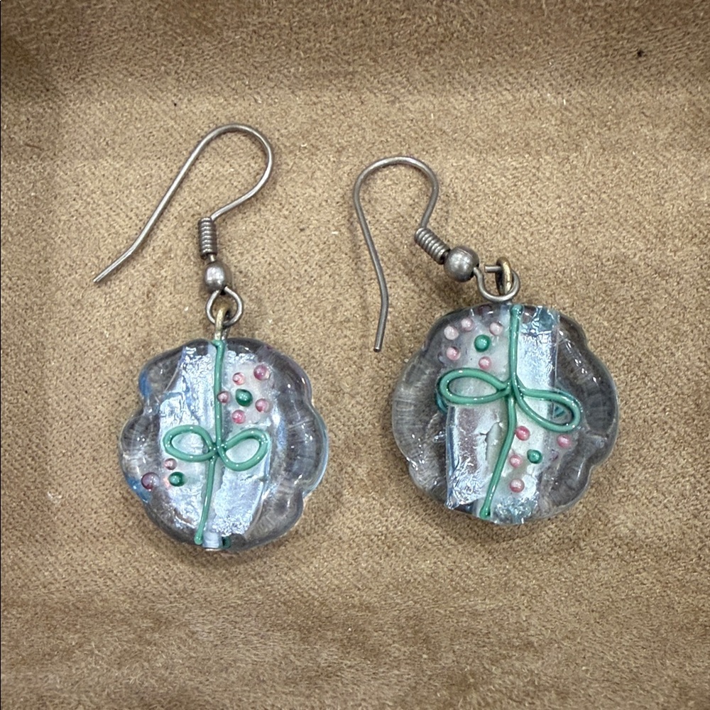 Elegant Glass Earrings with Green and Pink Accents